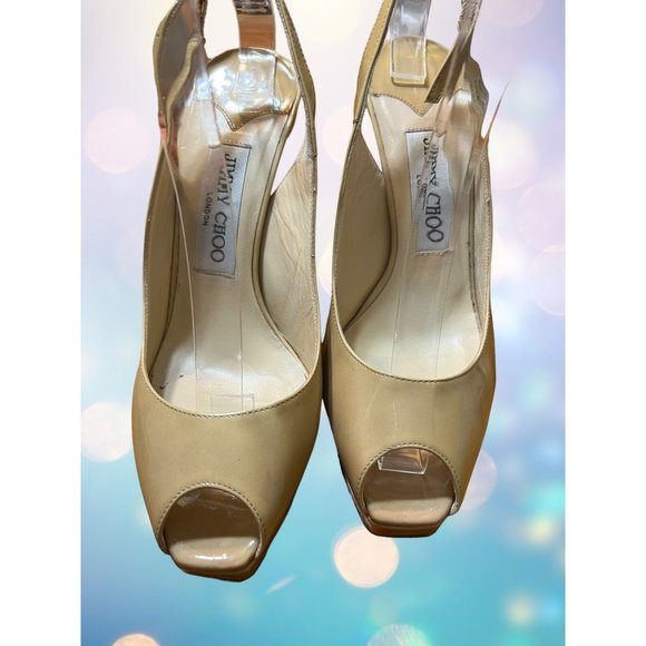Jimmy Choo Patent Leather Shoes Nude Heels Peep Toe Platform Slingback READ - Picture 3 of 9